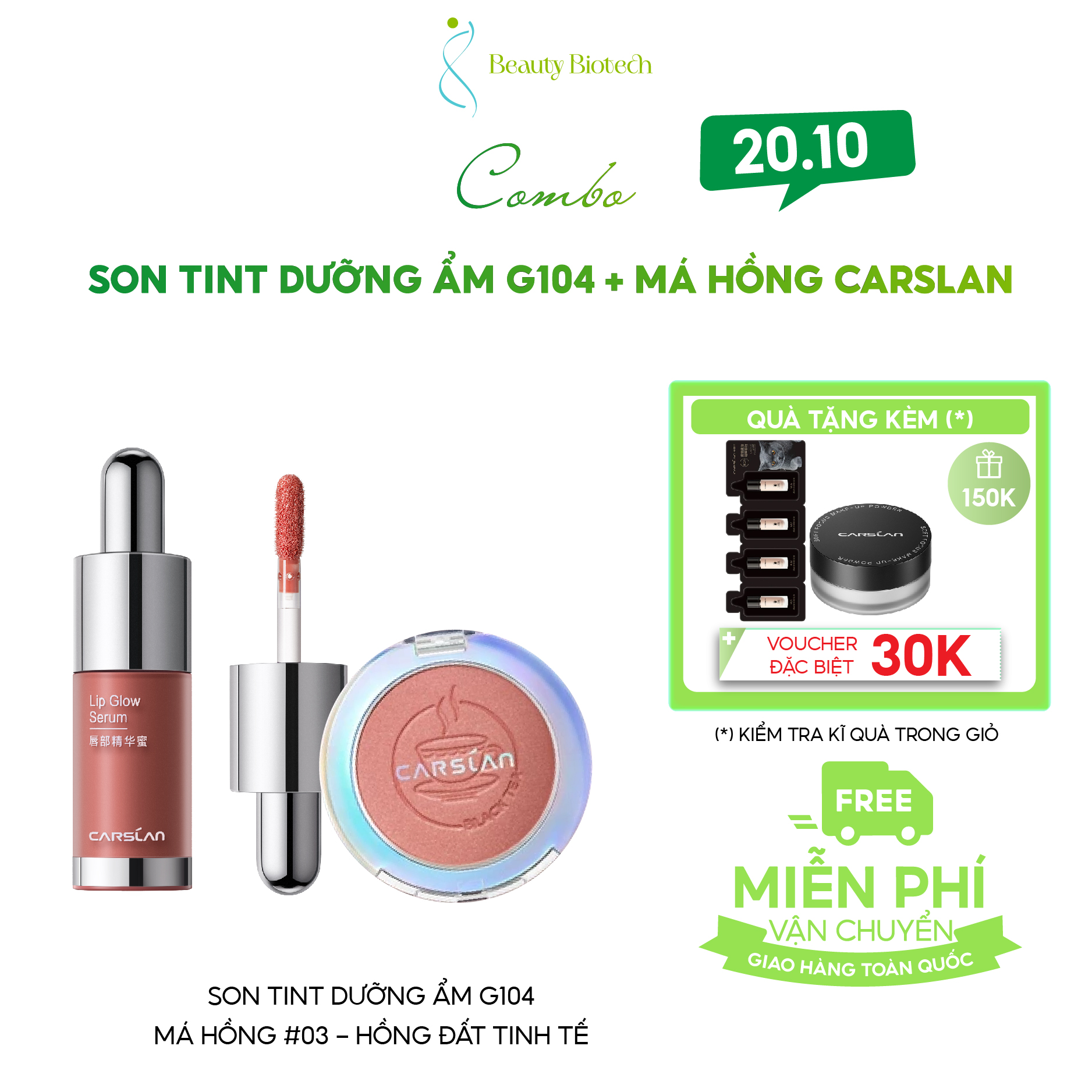 [COMBO CARSLAN] Son Tint Carslan Cấp Ẩm Căng Mọng 4.5g + Phấn Má Hồng Carslan 6 Màu 5.5g